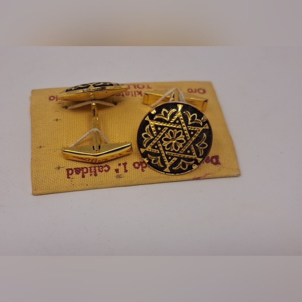 Vintage Men's Cufflinks 24 Karat Fine Gold 70s Spain Star Filigree Black Gold